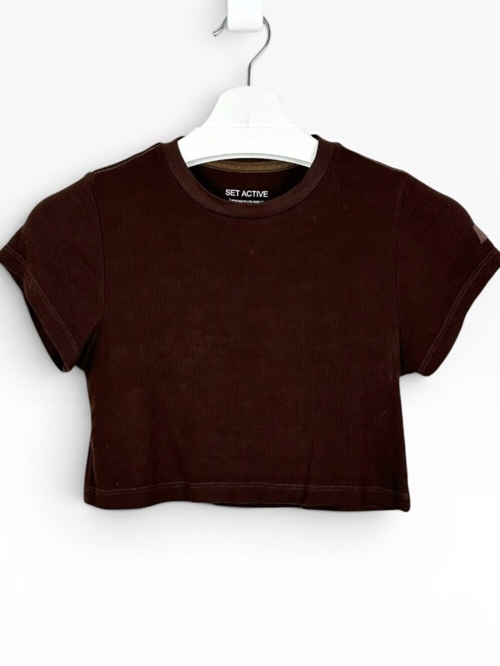SET Active Cropped Ribbed Short Sleeve Top Brown